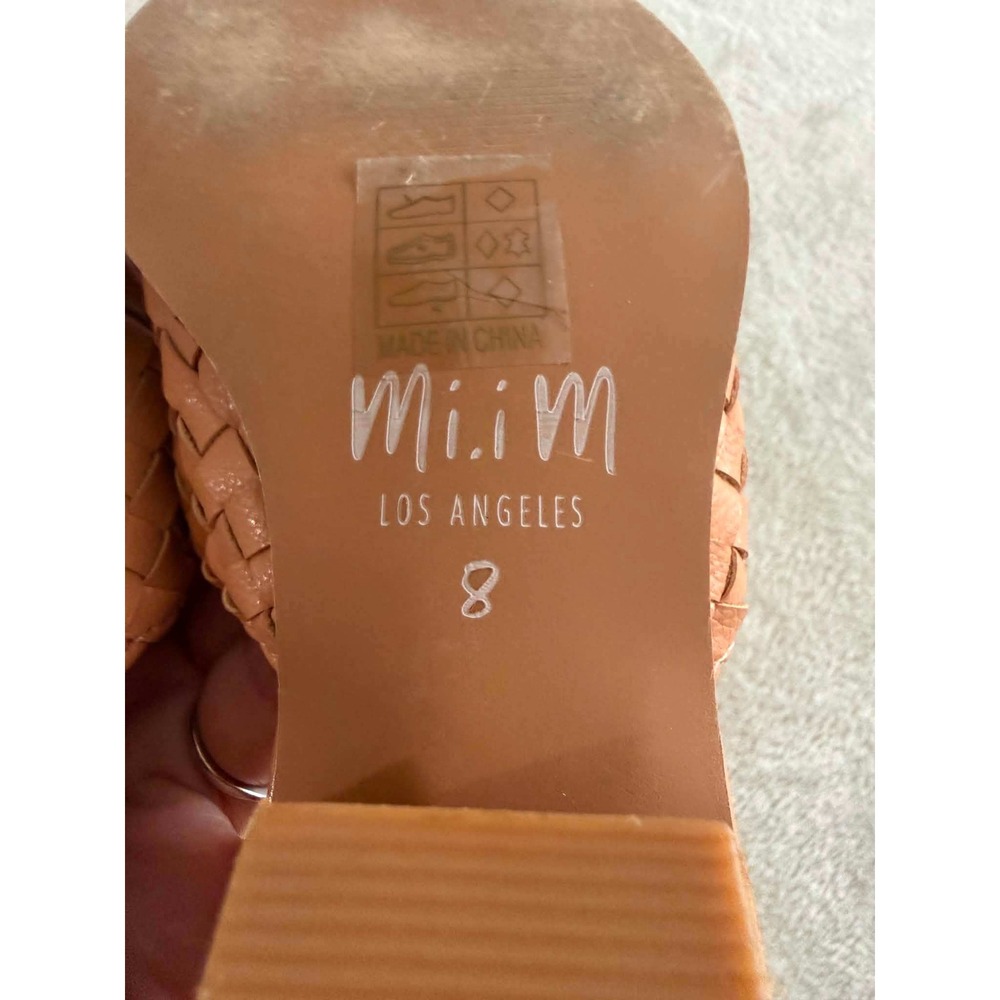 Mi.iM Womens 8 Tan Woven Leather Mules Pointed Toe Stacked Block Heel Boho - Picture 8 of 9
